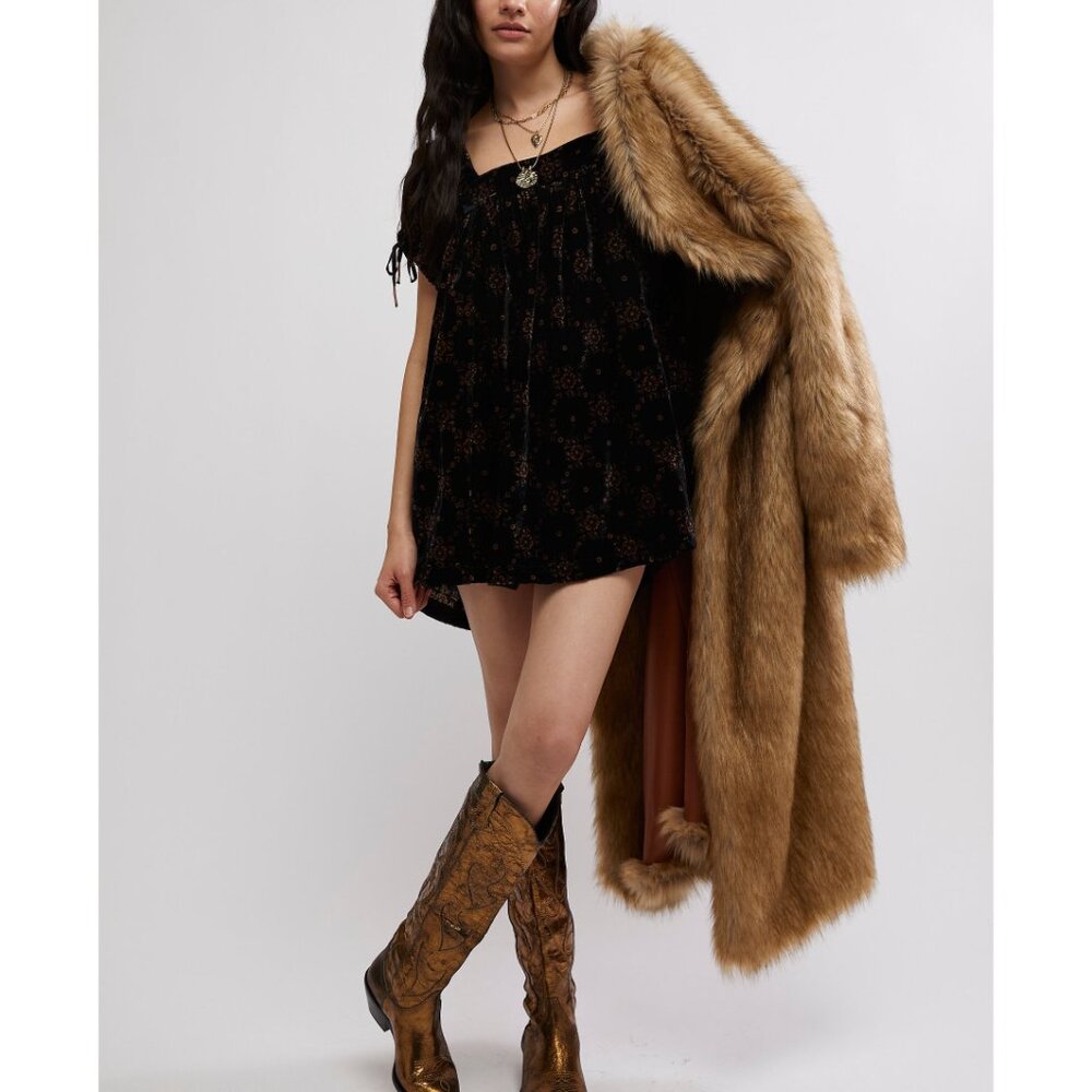 FP Velvet Short Sleeve Square Neck Mini Dress - Black with Metallic Print - Picture 8 of 16